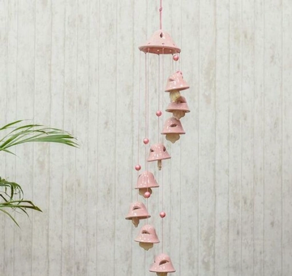 Handcrafted Traditional 8 Bells Pink Color Ceramic Wind Chimes - 8 Bells, Pink, Ceramic, Pack of 1